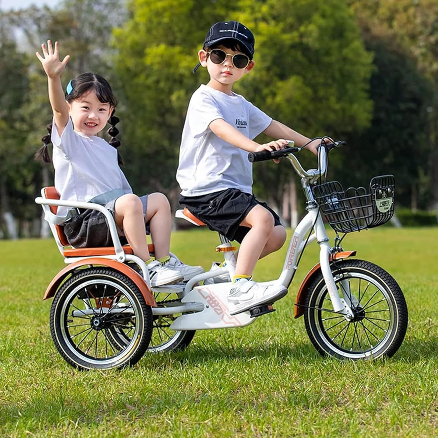 CEEBUS Children Tricycles with Child Back Comfortable Seat for 3-8 Years Old, Double People 3 Wheel Bicycle with Basket, Ideal Gift for Kids,18inch (Color : A, Size : 14-inch), kk852