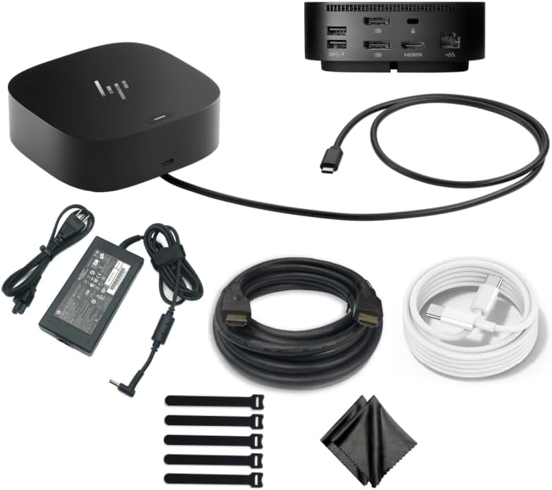 HP HSN-IX02 Docking Station for Laptop Dual Monitor and Charging Bundle-HP USB-C G5 Dock 5TW10UT#ABA with 120W AC Adapter, HDMI Cable, USB-C Cable, Fiber Cloth, Cable Ties