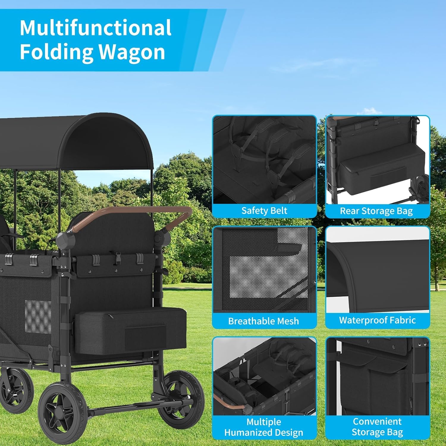 4 Seater Wagon Stroller,Foldable Stroller with Safety Belt, Puncture-Proof Tires, All-Terrain Wagon with 360° Swivel Lockable Wheels, Large Storage Bag, Canopy,22.5 * 35.5 * 42.6in.