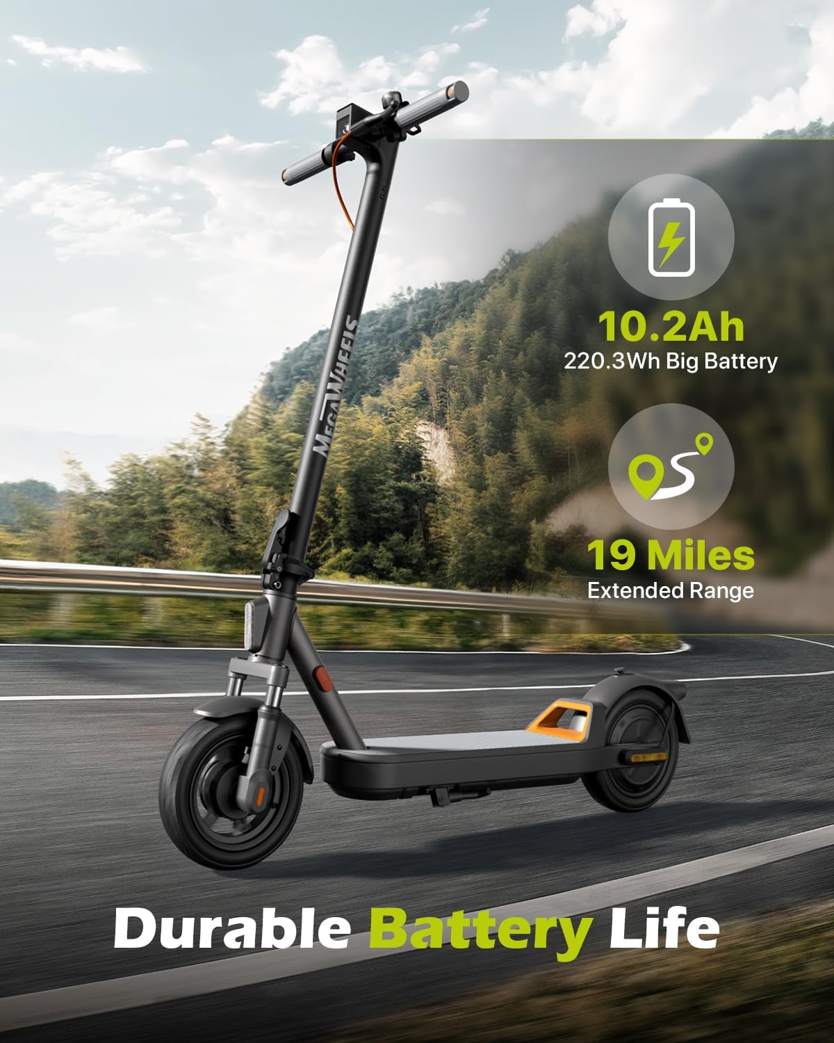 MEGAWHEELS Electric Scooter,Electric Scooter Adults with Suspension,10in Pneumatic Tires,350W Motor,19 Miles Long Range,15.5 Mph,E Scooter with Smart APP Control for Commuting, Outdoor, Short Travel