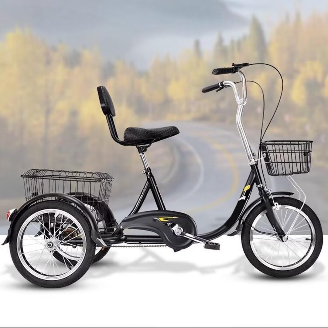 Large Pedal Tricycle with Rear Basket,Cargo Trike with Large Rear Vegetable Basket,16inch 3 Wheel Trike for Adult and Elderly,Rickshaw Trike with Sensitive Brakes (Black 16 in)