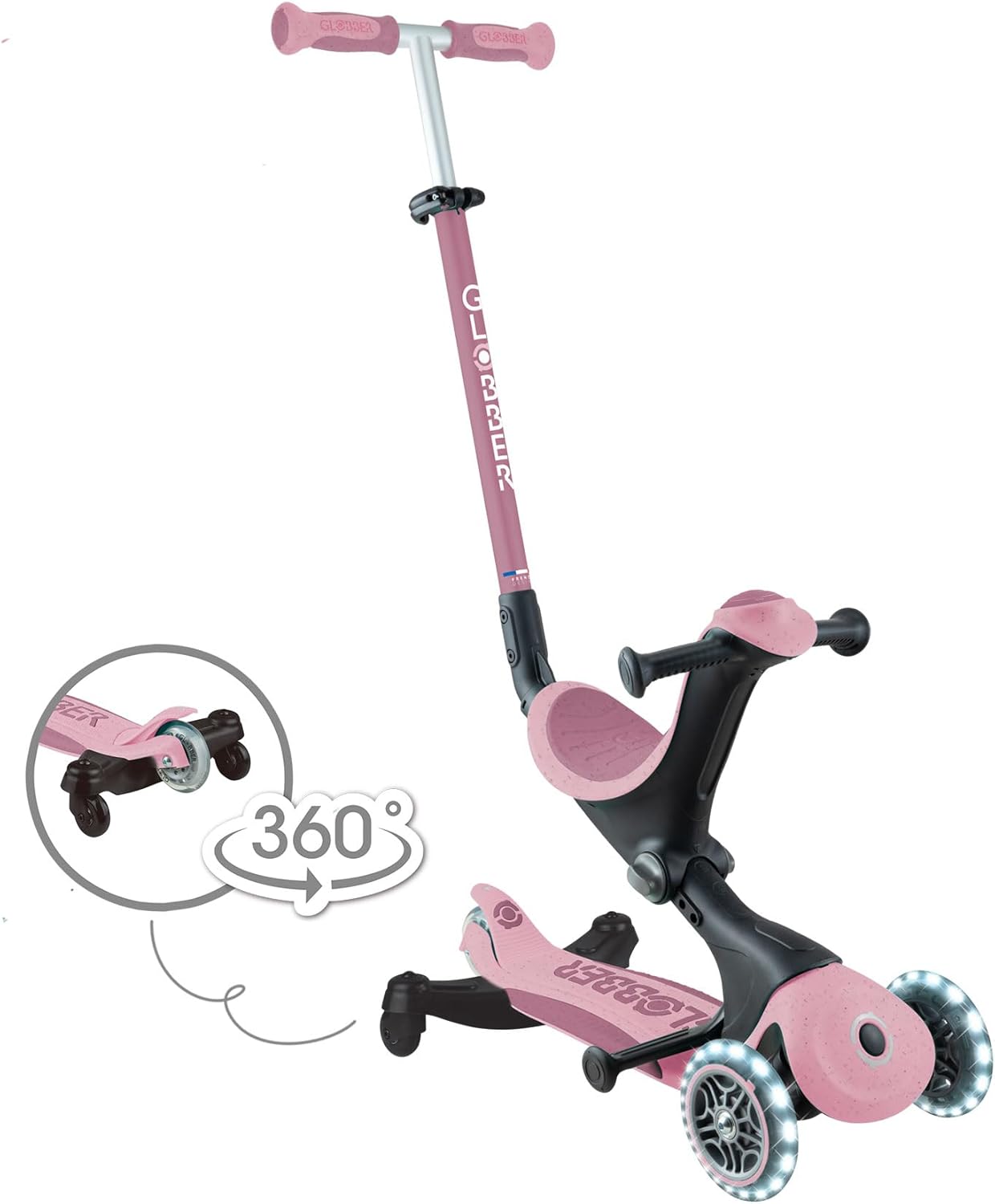 Globber - GO•UP Deluxe Lights ECO 360-3-Wheel Scooter with 360° Rotatable Seat, Footrest, LED and Durable Materials, 15 Months to 6 Years - Berry Pink