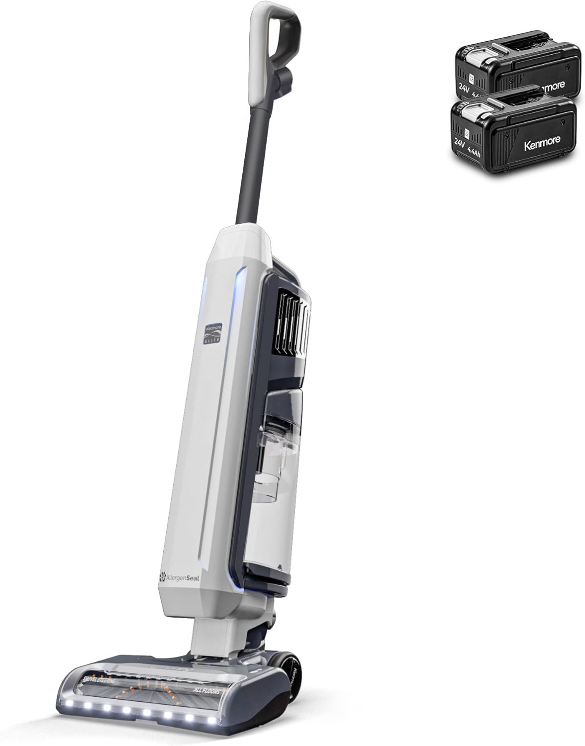 Kenmore CU7005 Litening 24V Cordless Upright Vacuum with Lift-Up & Hair Eliminator Nozzle, Brushless Motor, Up to 80 Mins of Runtime, HEPA Filter & LED Display for Carpets, Hard Floor & Pets, White
