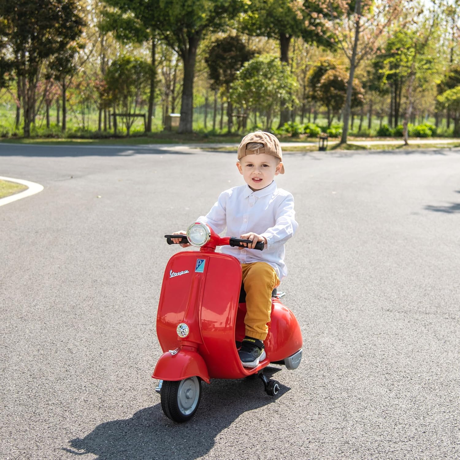 Electric Vespa Ride-On for Kids - LED Front Light, Music Playback via MP3/USB/SD, Emergency Stop - Classic Scooter Design (Red)