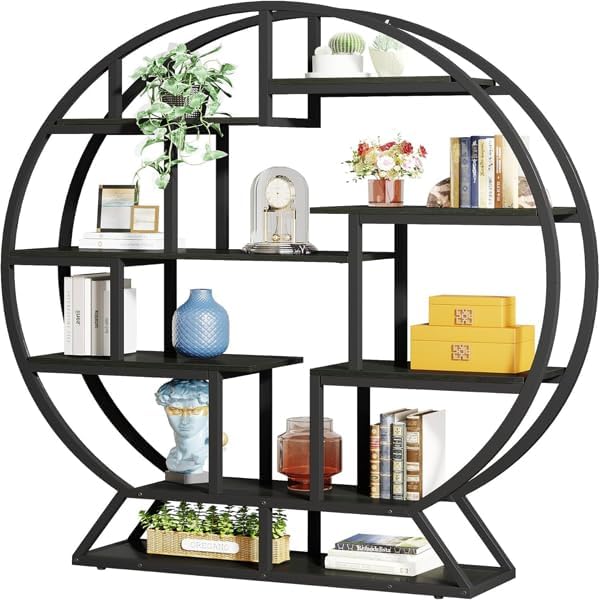 Orixforce Industrial Round Bookshelf, Rustic Brown and Black Metal Etagere Bookcase with 14 Open Shelves, Staggered Display Storage Cabinet for Living Room, Bedroom, Office (Black)