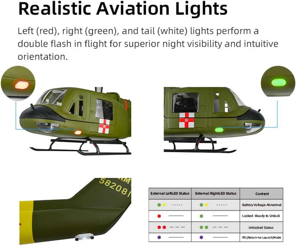 FLYWING UH1 RC Scale Helicopter with ACE Flight Control LED Light Two Blade GPS Metal Rotor 450 6ch RC Helicopters Iroquois 450L UH1 V4 Huey Helicopters RTF-Helicopter (Green)