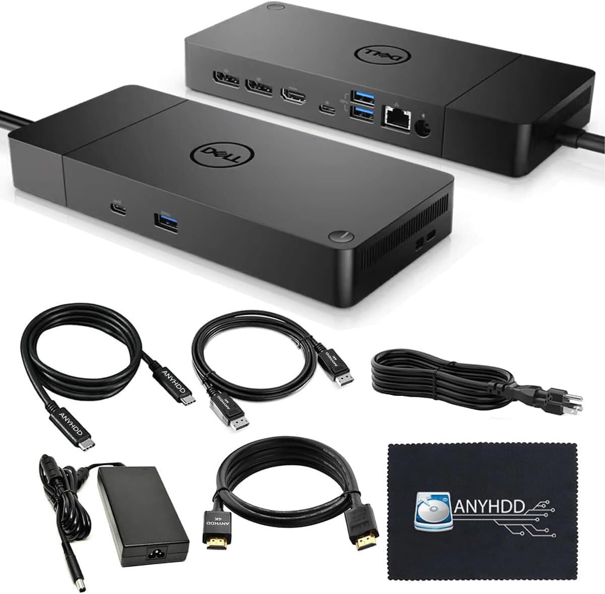 Dell WD19S Docking Station 130W (90W Power Delivery) - Dell Docking Station Dual Monitor for Laptop with 130W Power Adapter + Anyhdd HDMI Cable + DisplayPort Cable + USB-C Cable + Microfiber Cloth
