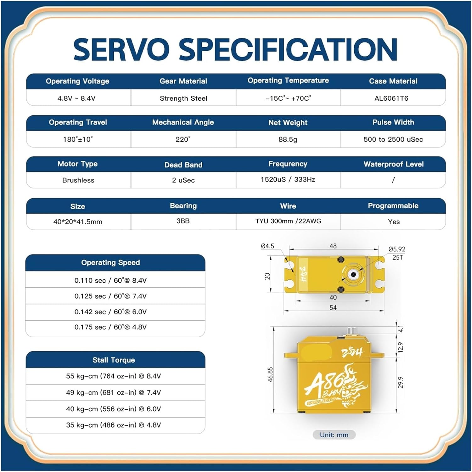 A86BHM 55KG High Torque Programmable Brushless Digital Standard Servo Suitable for 1/8 1/10(A86BHM 55KG Set1)