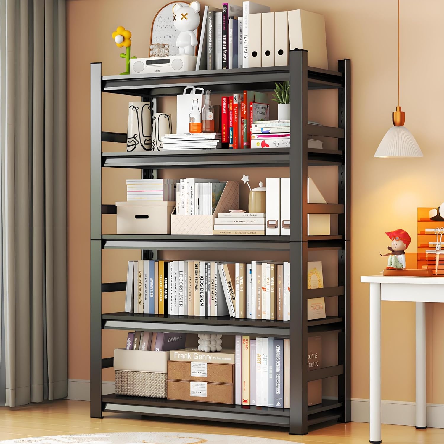 5 Tier Book Shelf Tall Bookcase Metal Adjustable Book Shelves Standing Shelf Units Open Shelf Bookcase with Fences Living Room Bookshelf Display Shelf for Books/CDs/Collections (47.2