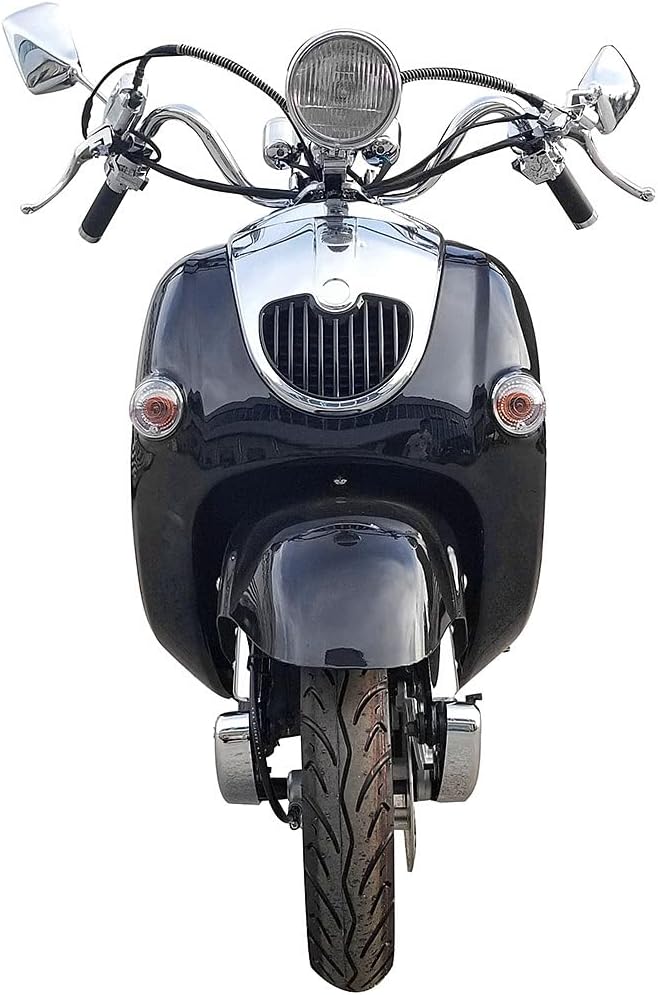 150cc Gas Scooter, Black Metallic Finish, Classic Retro Design, LED Headlights, Chrome Accents, Disc Brake System