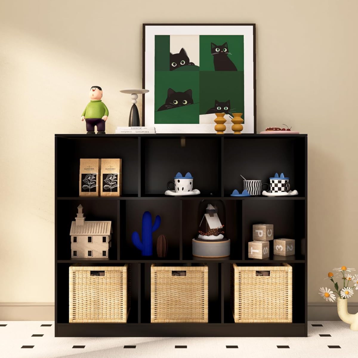 NewBeth Black Bookshelf, Wooden Bookshelf with Base, Cube Storage Organizer, Bookcase for Living Room,Bedroom,Study and Office(Black, 10-Cube)