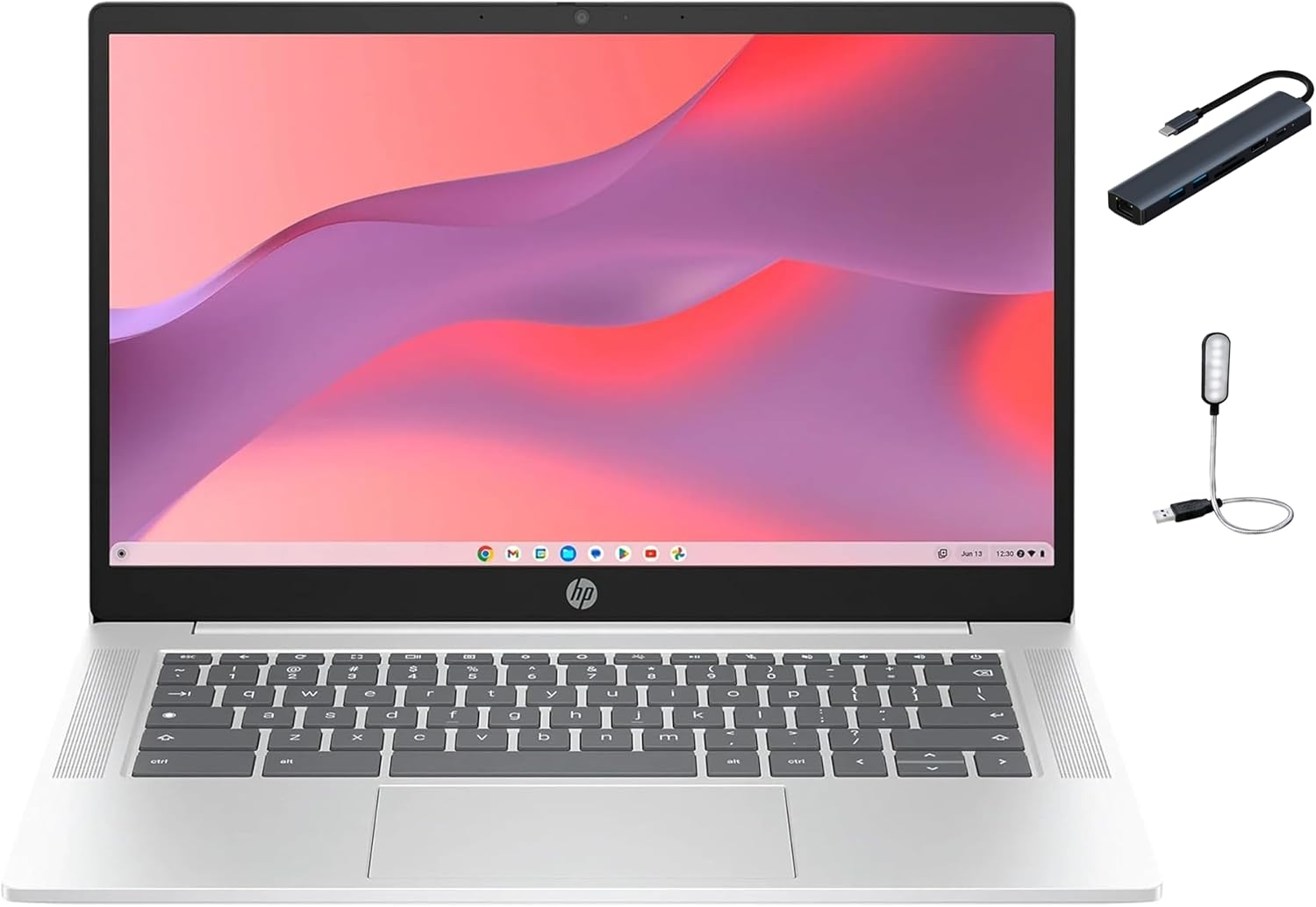 HP Chromebook 14 inch Laptop, Intel Processor N200, 4GB DDR5 RAM, 128GB UFS, Wi-Fi6, Bluetooth, Chrome OS, Glacier Silver with HEX Accessories