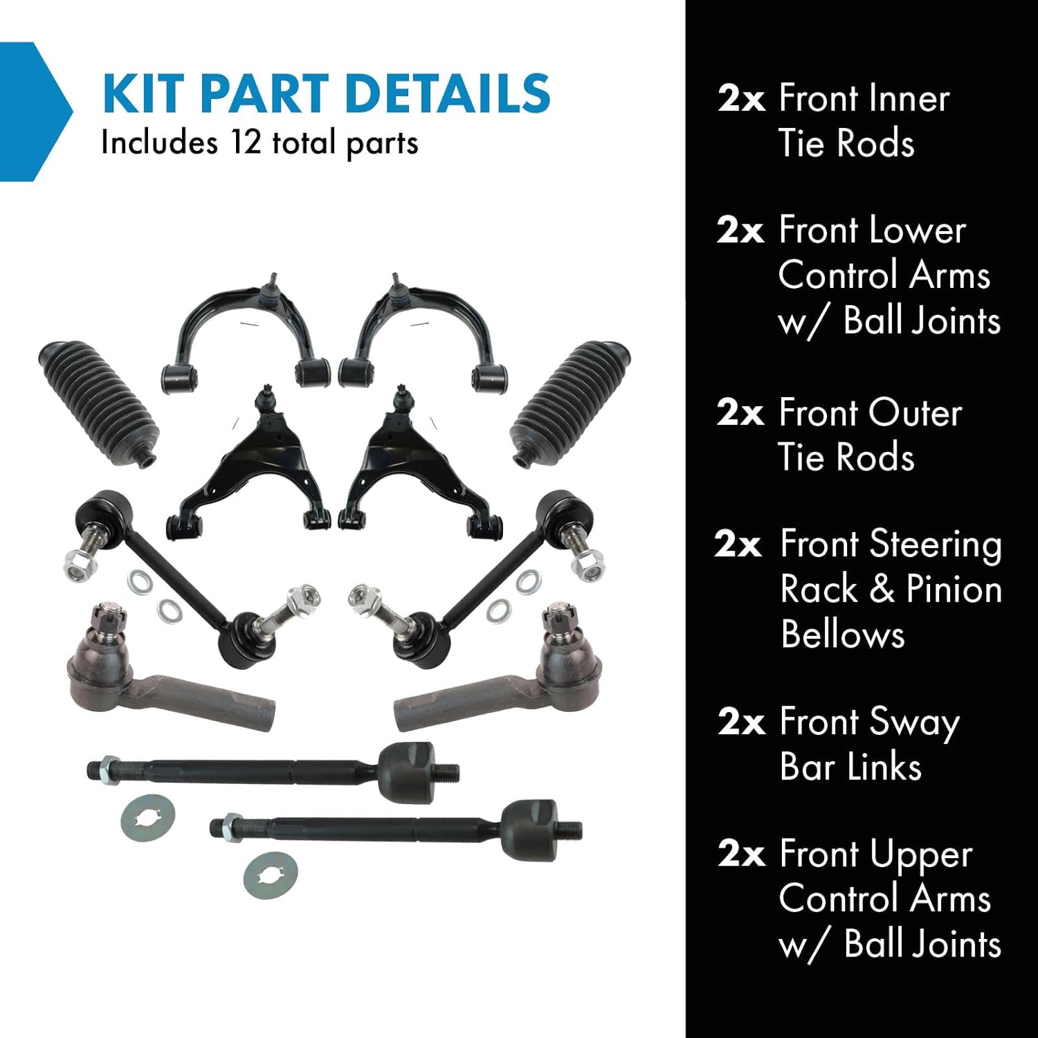 TRQ Front Steering & Suspension Kit Control Arm with Ball Joint Steering Rack & Pinion Bellow Sway Bar Stabilizer Link Tie Rod Compatible with 2005-2015 Toyota Tacoma