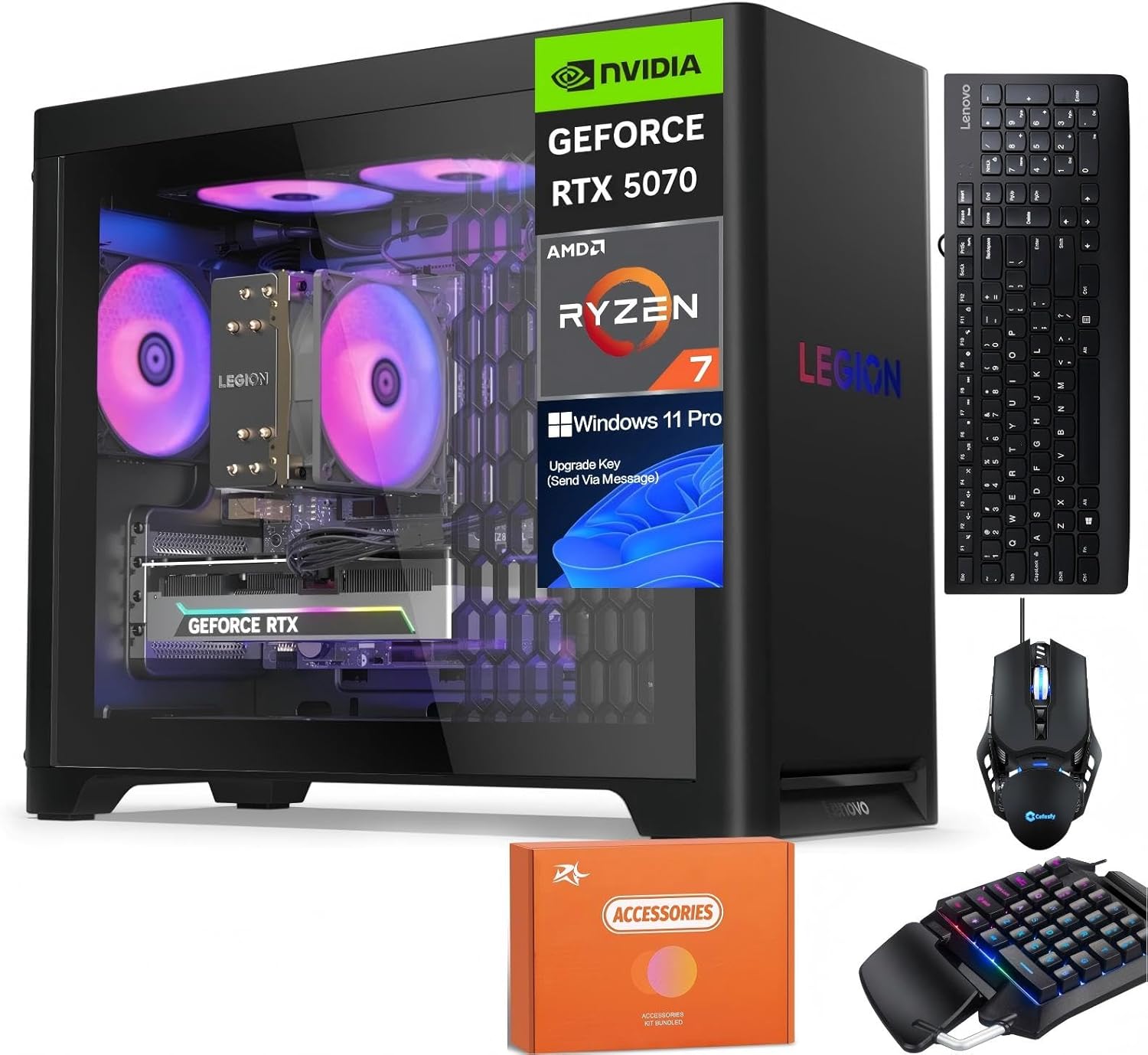 Lenovo Legion T5 Gen 10 Gaming Desktop Computer, AMD Ryzen 7 7700X(Up to 5.4GHz), NVIDIA RTX 5070 12GB GDDR7, 64 GB DDR5, 4 TB SSD, Wi-Fi 6E, Bluetooth, Windows 11 Pro, w/Gaming Mouse & Accessories