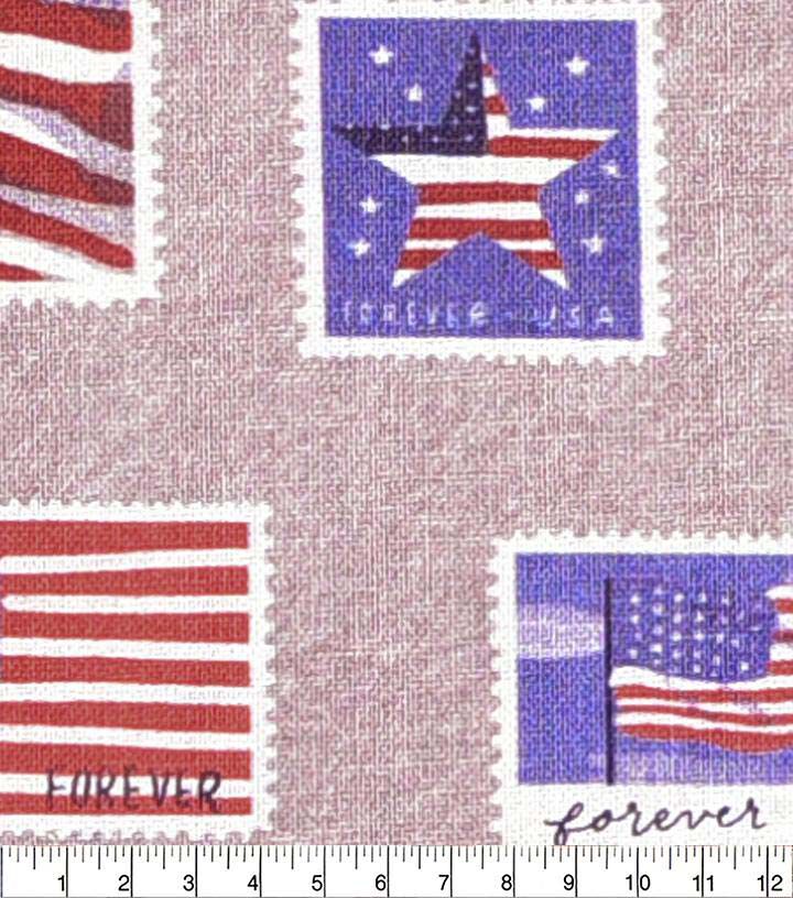Flag Stamps on Light Purple Patriotic Cotton Fabric