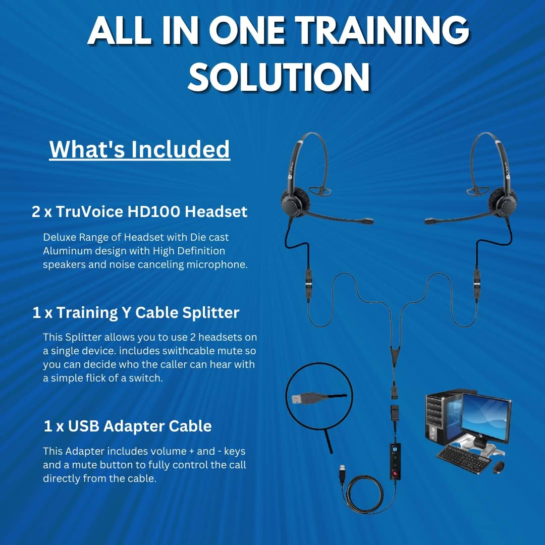 TruVoice Computer Headset Bundle for Training | Monitoring | Supervising : Includes 2 x HD100 Headset with NC Microphone, Training Splitter Y Cable and USB Adapter Compatible with PC and Softphones.
