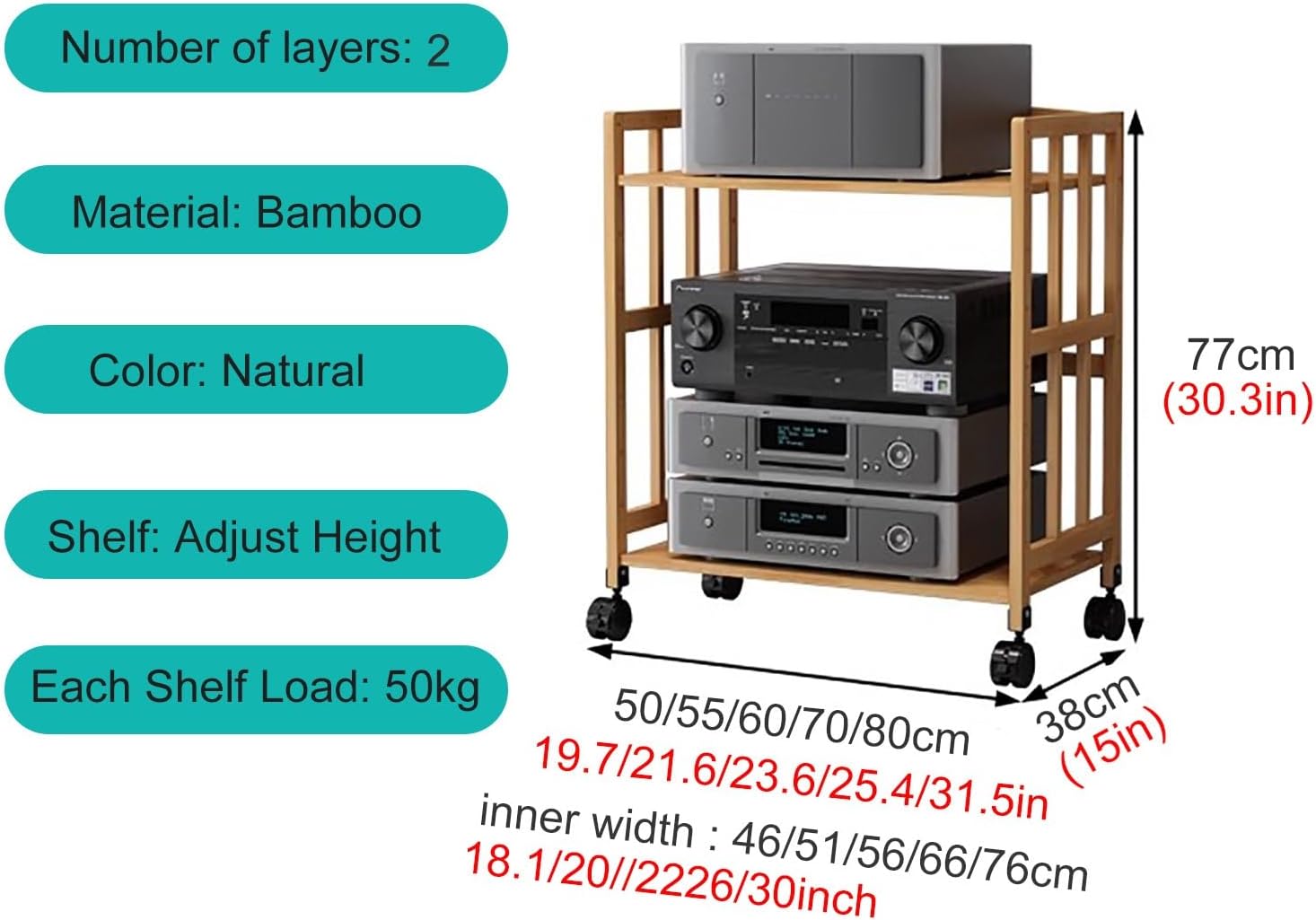 JYHHCYS Mobile Bamboo Audio Rack Cabinet Stereo Component Stand On Wheels