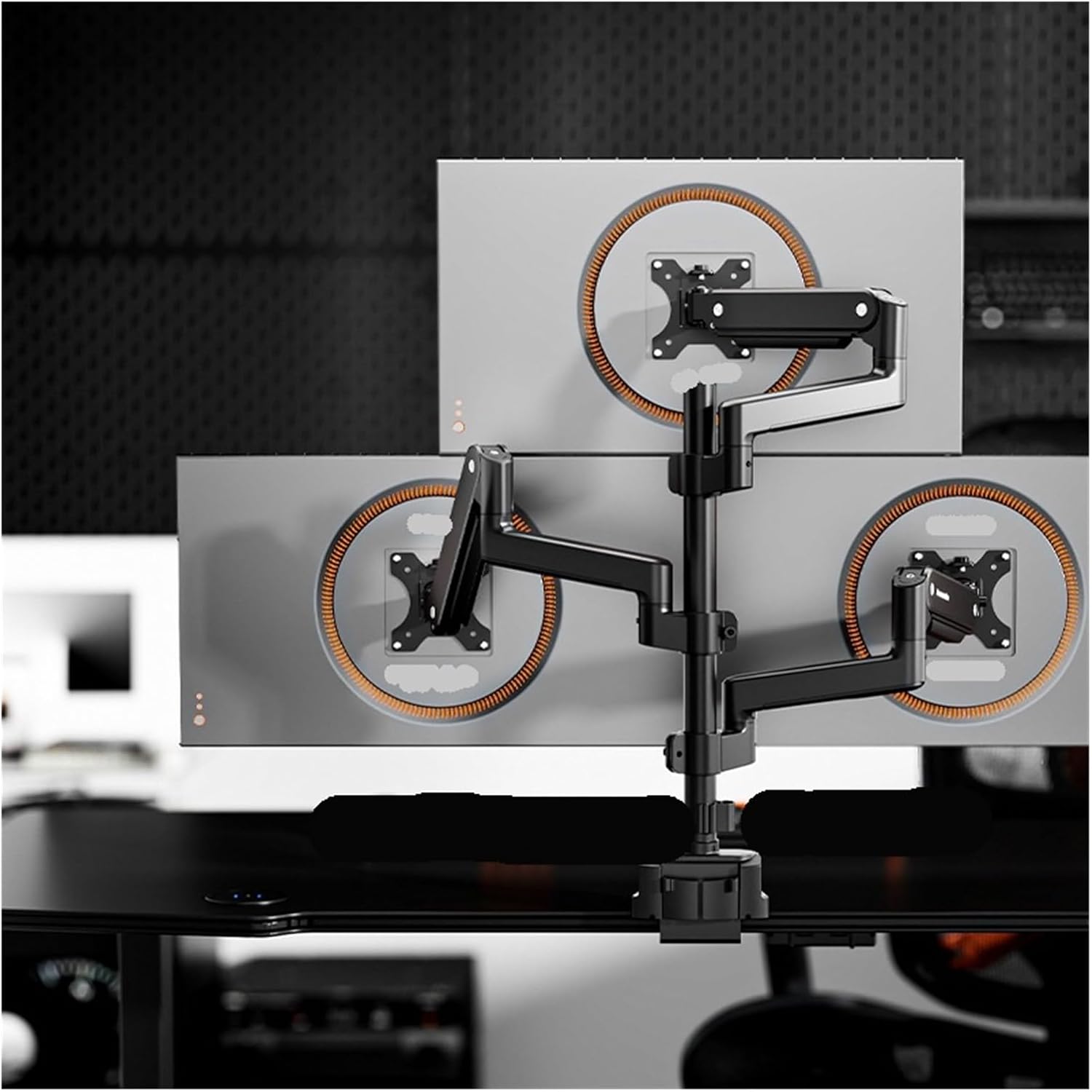 T8-3B Cantilever Desktop Monitor Stand (Three Screens, Top and Bottom) - No Drilling Required