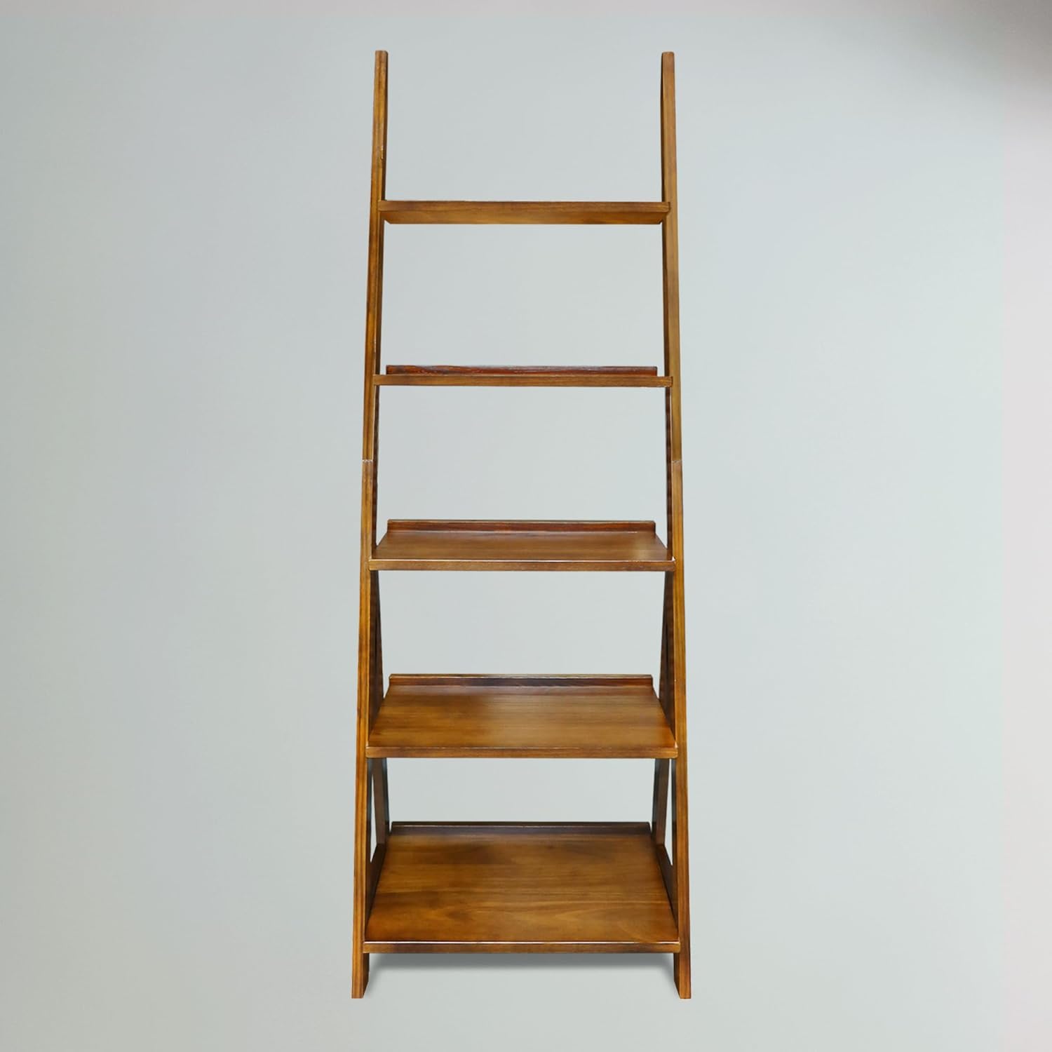 Amber Solid Wood 5-Shelf Freestanding A-Frame Ladder Bookcase, Warm Brown