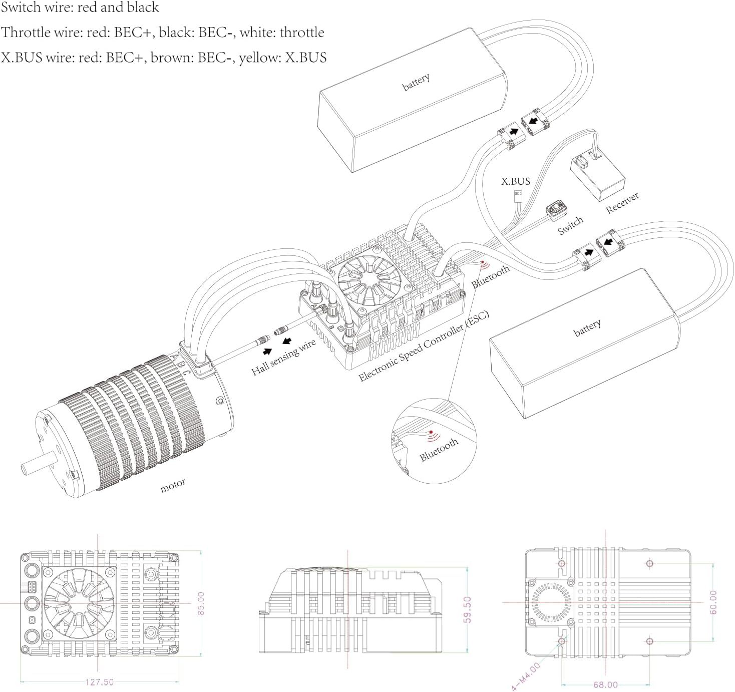XC E3H Sensored Electric Brushless Motor Controller for RC Car, 6-16S Lipo,300A Continuous Current,10-25A、6.0/7.4/8.4V BEC,Applicable to 1/5,Support Turbo Timing and APP Control