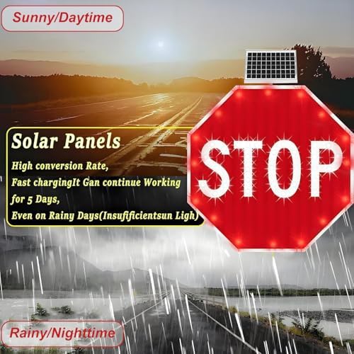 Solar Powered LED Stop Sign with Flashing Lights, Durable Aluminum Octagon Traffic Sign, Engineer Grade Reflective Film for Enhanced Visibility