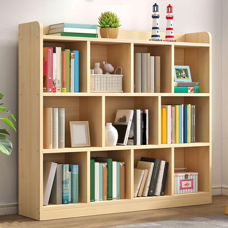 CraftThink Bookcase, Natural Pine Wood Cube Storage Organizer, Modern Wood Standard Bookcase with Closed Back and Shelves for Living Room, 55