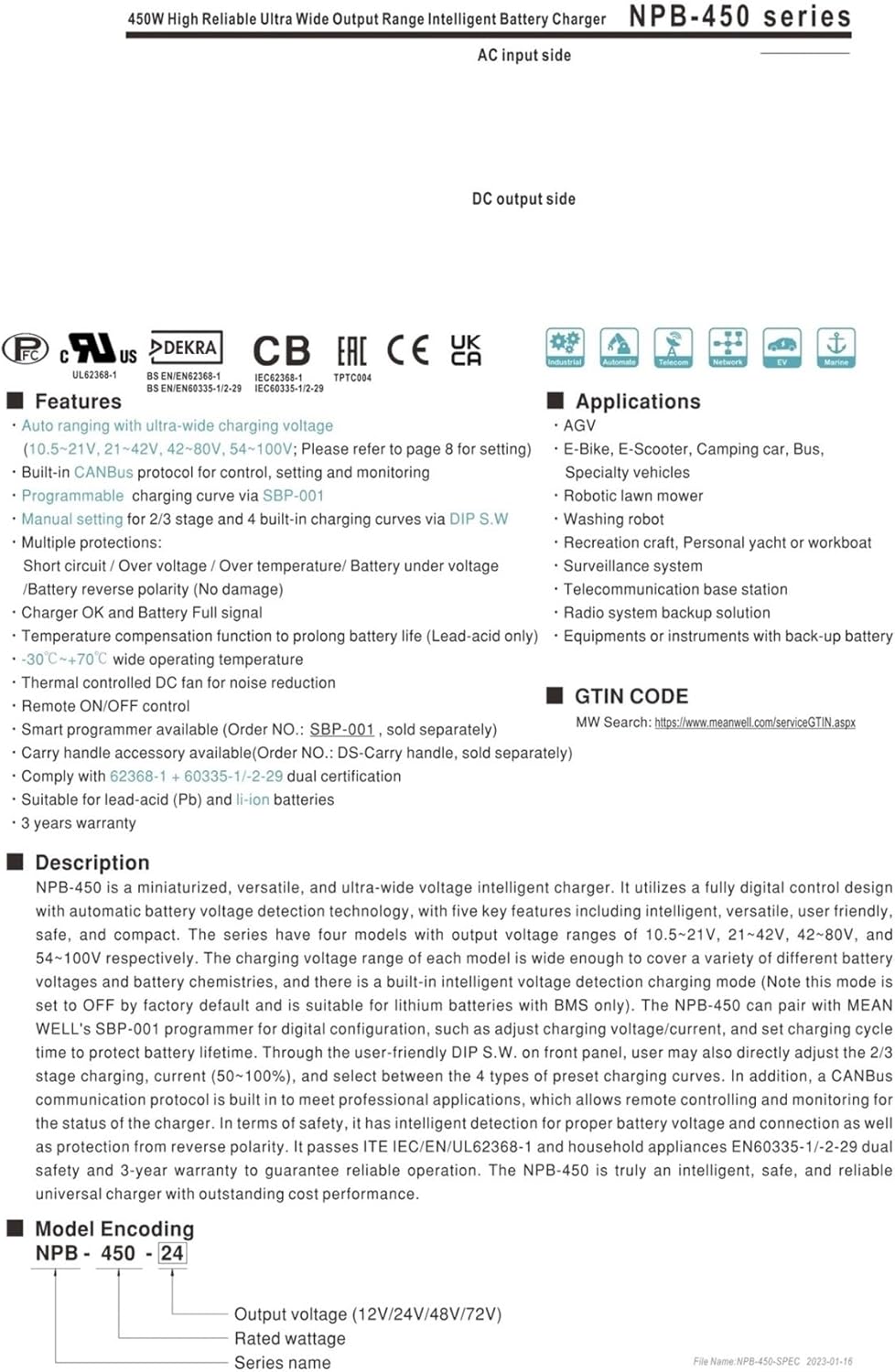 450W Wide Output Battery Charger NPB-450-12 NPB-450-24 NPB-450-48 NPB-450-72(NPB-450-24NFC)