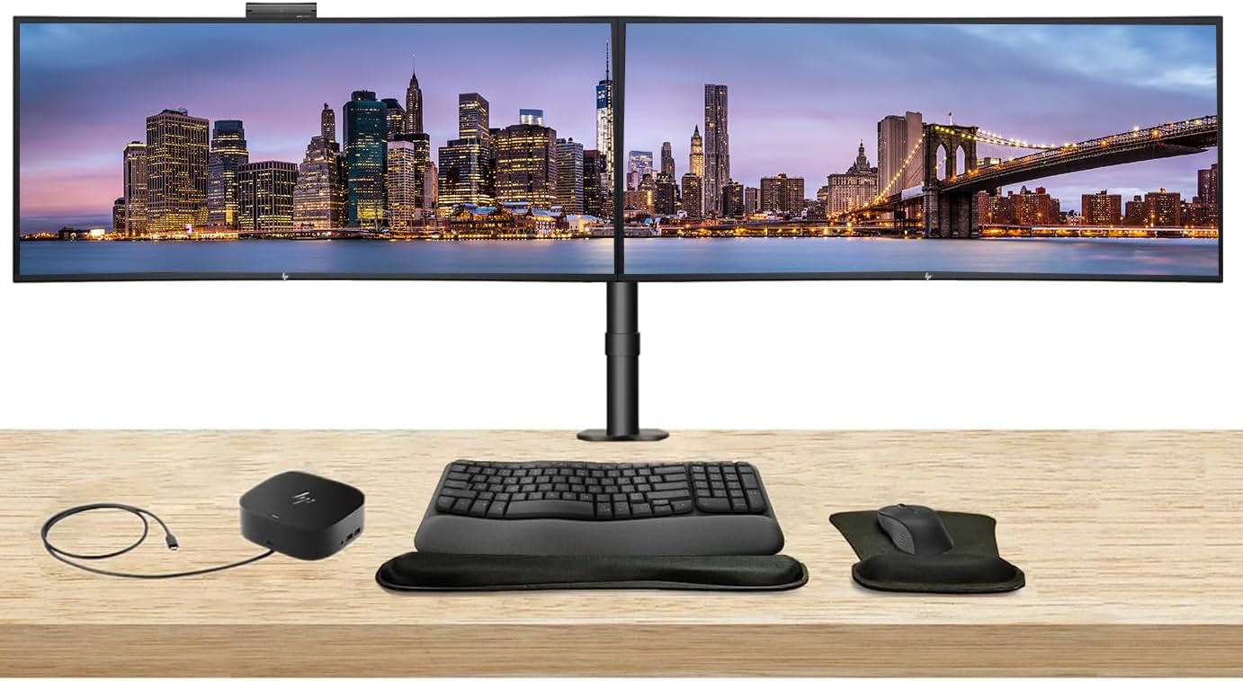 HP Series 7 Pro 27-inch 727pm & 727pk 4K UHD 2160P Conferencing Monitors 2 Pack Bundled with Desk Mount Stand, USB-C Multiport G5 Dock, MK670 Wireless Keyboard & Mouse, Gel Mouse & Wrist Pad