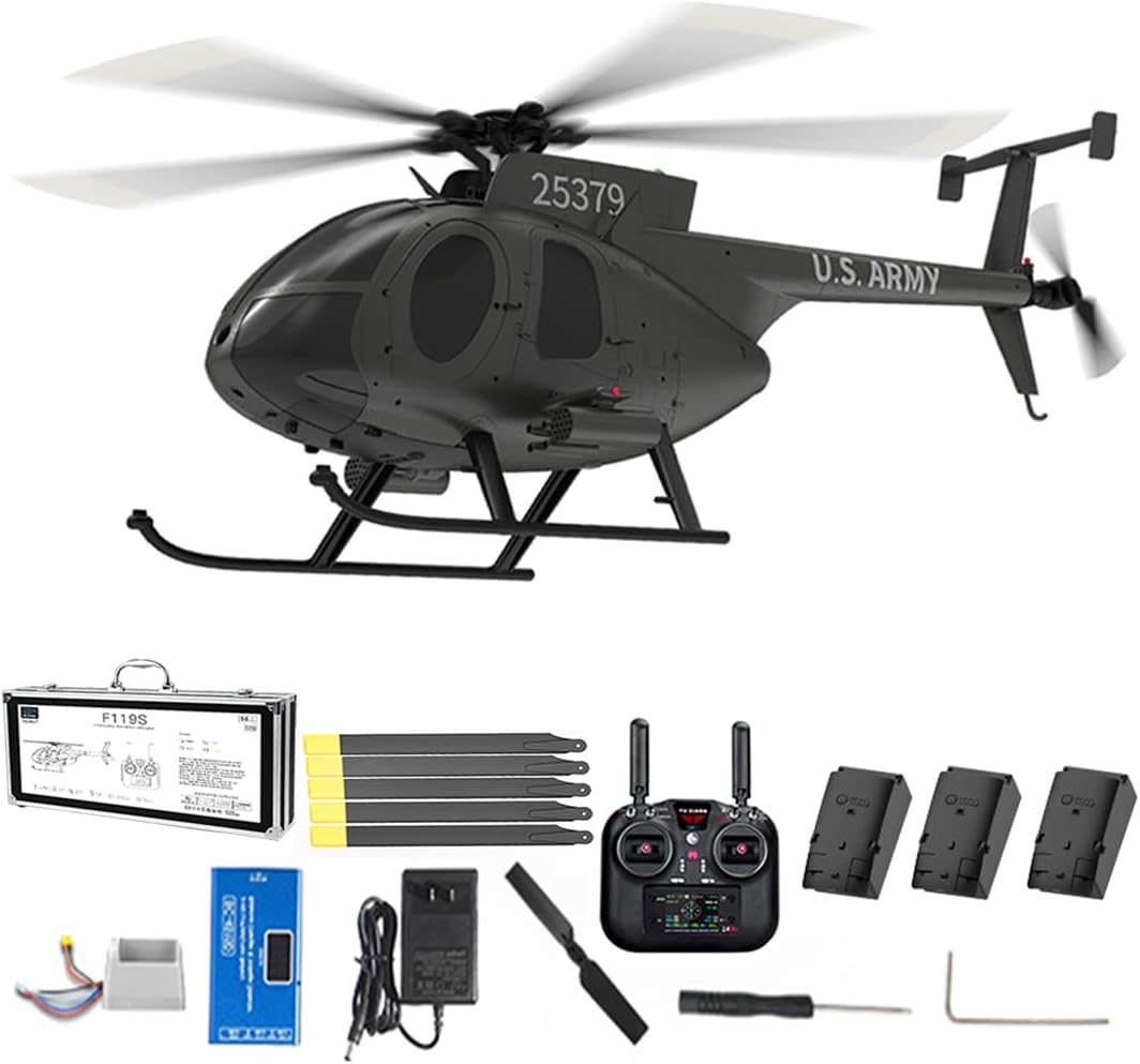 1/16 Scale 250-Class 2.4G 9CH RC MD500 LittleeBiird Military Helicopter Model with Flybarless Rotor and LED Lights, 6G/3D Switchable Modes Openable Cockpit (RTF Version)