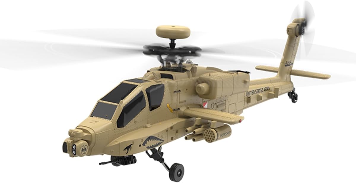 1/32 RC F11-N AH64 Helicopter, 2.4G 6CH Dual Rotor Military Aircraft, 6G/3D Flight with Optical Flow Altitude Hold, Desert Yellow Apachhe Helicopter