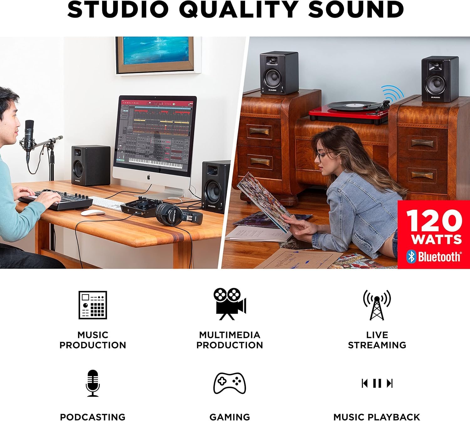 M-AUDIO BX3 Pair Bluetooth Studio Monitors Bundle with Dual XLR Audio Interface for Studio Recording, Music Production, Podcasting, Streaming