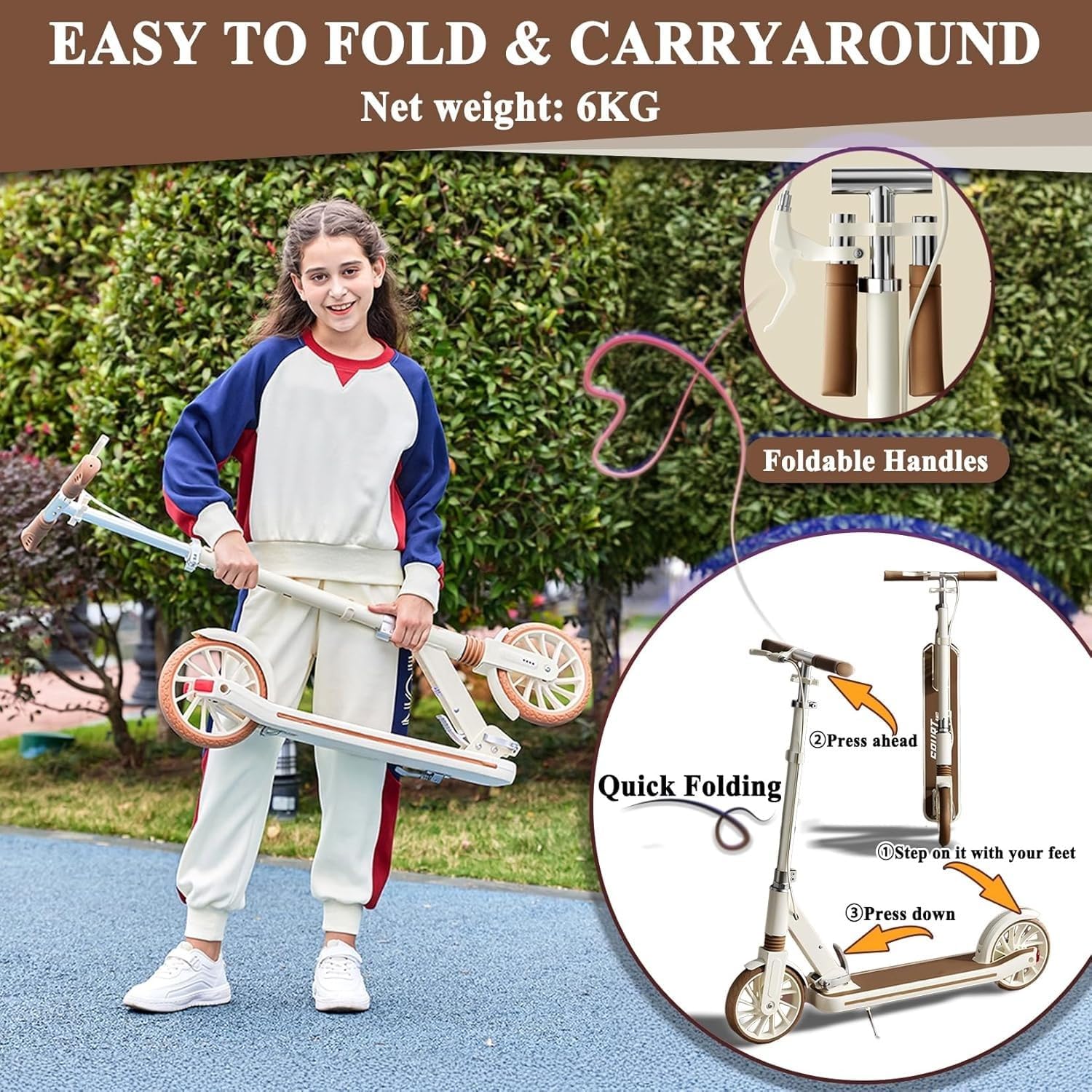 Scooter 8IN Solid Tires Big Wheels for Kids,3 Handle Height Adjustable Levels,with Double Braking System,Foldable Scooter for Ages 6+,Kid,Teens & Adults White