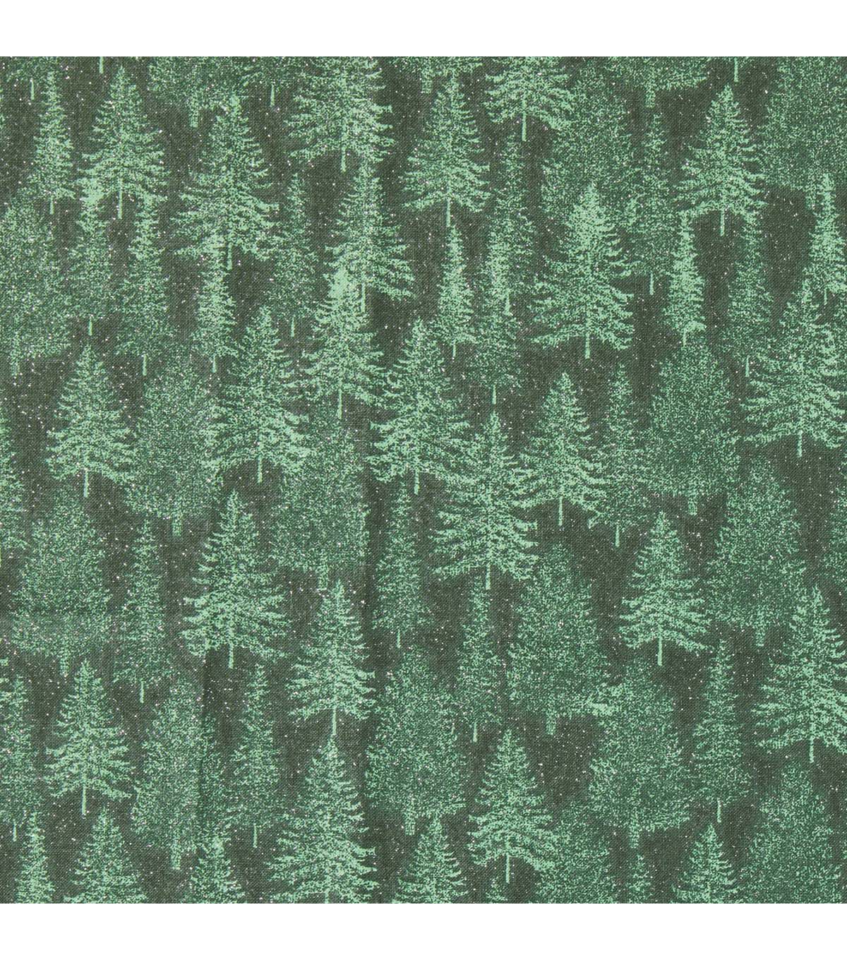 Green Trees Christmas Glitter Cotton Fabric