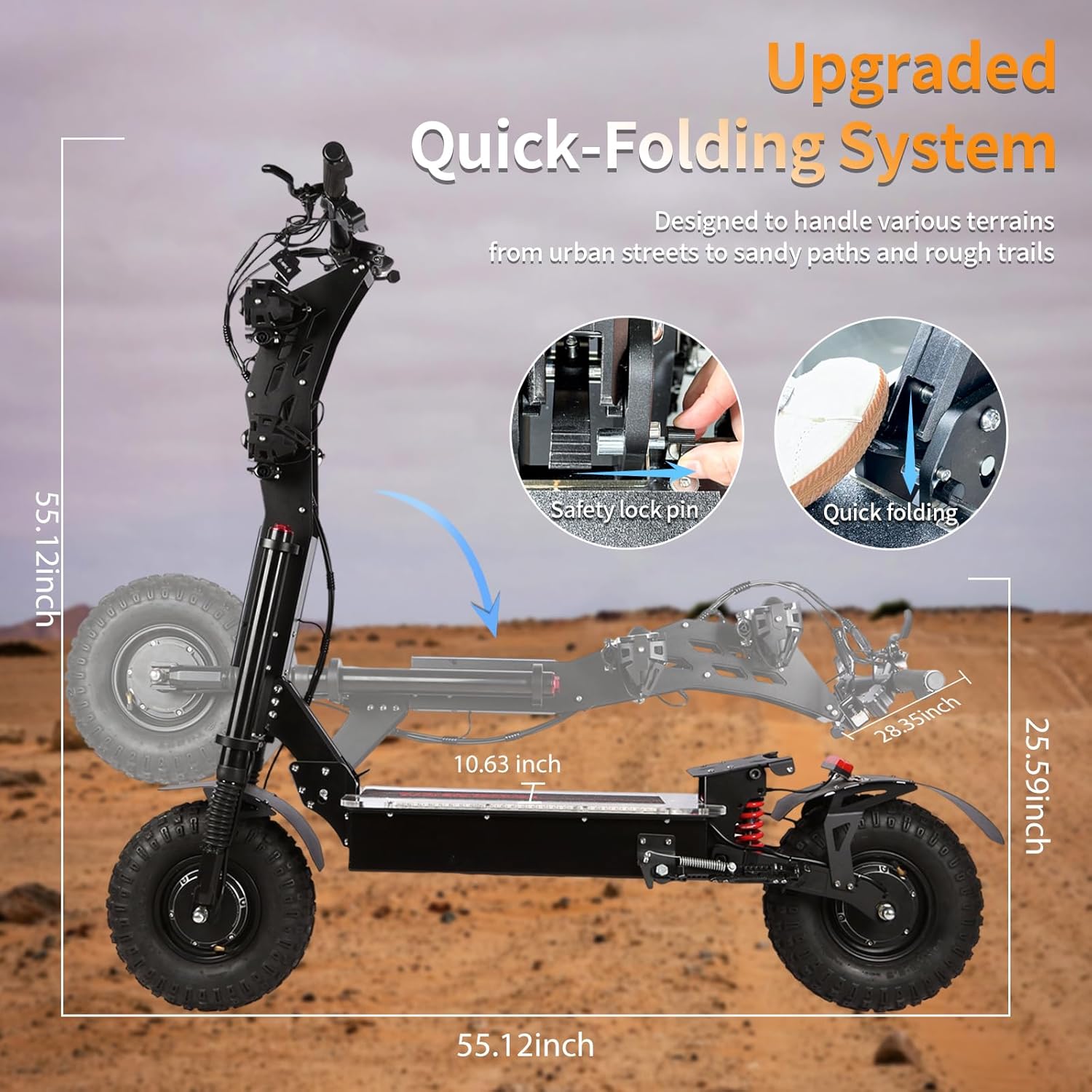 Electric Scooter for Adults, X14-72V Foldable Scooter with Seat, 10KW Motor, 40AH Battery Capacity, 65 Mph Max Speed, 75 Mile Max Range, Dual Charging Port, LCD Instrument, 14'' Off-Road Tires