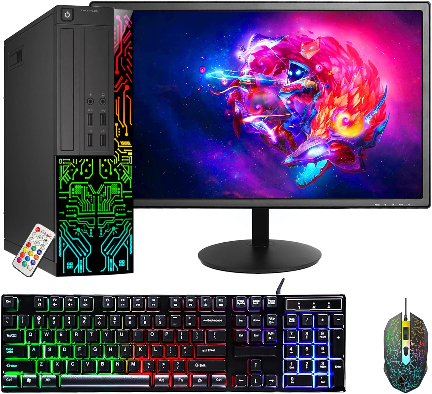 Dell OptiPlex Desktop Customized RGB Lights Computer with 24 Inch Monitor, Intel i5 Quad-Core Processor, 8GB RAM, 256GB SSD, Wi-Fi, Windows 11 (Renewed)