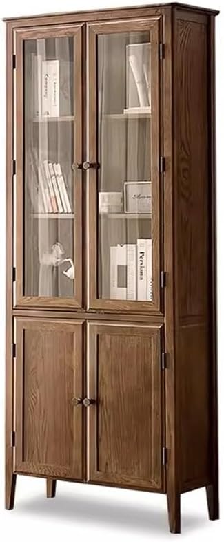 HEAIQI Book Shelf Open Bookcase Solid Wood Bookshelf Glass Bookcase Two Doors Oak Bookshelf Storage Rack Storage Cabinet Nordic Study Furniture for Living Room, Home Office, Bedroom