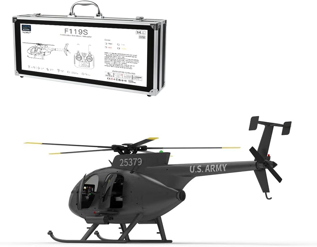 Yu Xiang F119S MD500 Little Bird RC Helicopter, 1/16 Scale RC Military Helicopter with Flybarless Rotor Head, 6G/3D Switchable Modes Openable Cockpit