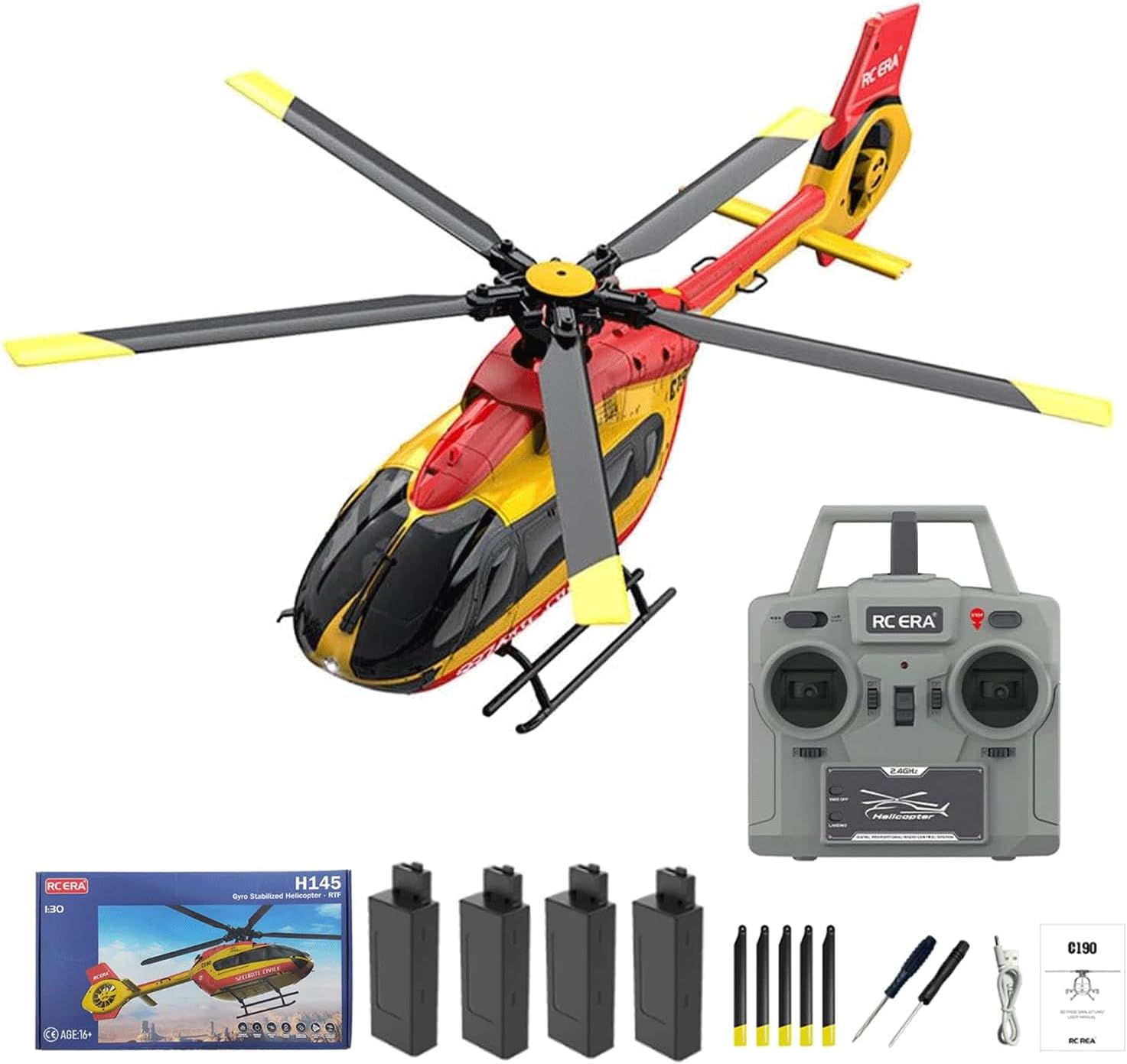 C190 RC Helicopter Model,1/30 2.4G 6CH 6-Axis Gyro Single-Rotor H145 Remote Control Airplane Military Flying Aircraft Toy with Optical Flow Positioning for Beginner Adults - RTF