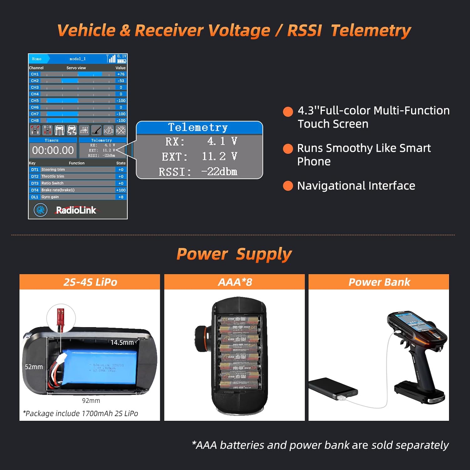 Radiolink RC8X 8 Channels 2.4G RC Transmitter and R8FG&R4FGM V2.1 Gyro Receiver, Voltage Telemetry Surface Remote Controller, 4.3