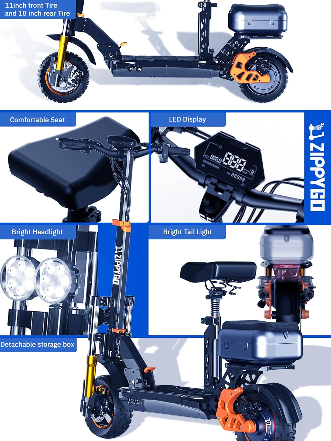 Electric Scooter for Adults with Seat & Storage Box, 50 Miles Range, 31-34 MPH,1600W Motor, Hydraulic Suspension, Foldable