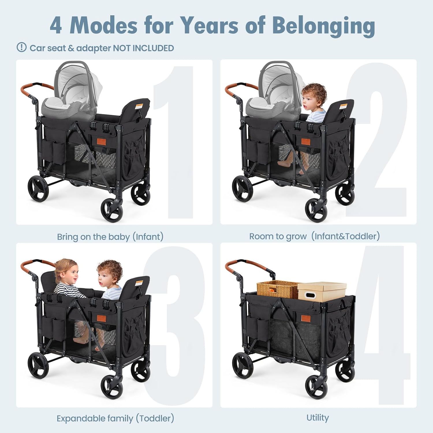 Wagon Stroller for 2 Kids, Foldable Wagon for Kids and Infants, All Terrian Wheels with Shock-Absorbing, 5 Point Harness, Removabel Canopy and Ample Storage Bag Included (Black)
