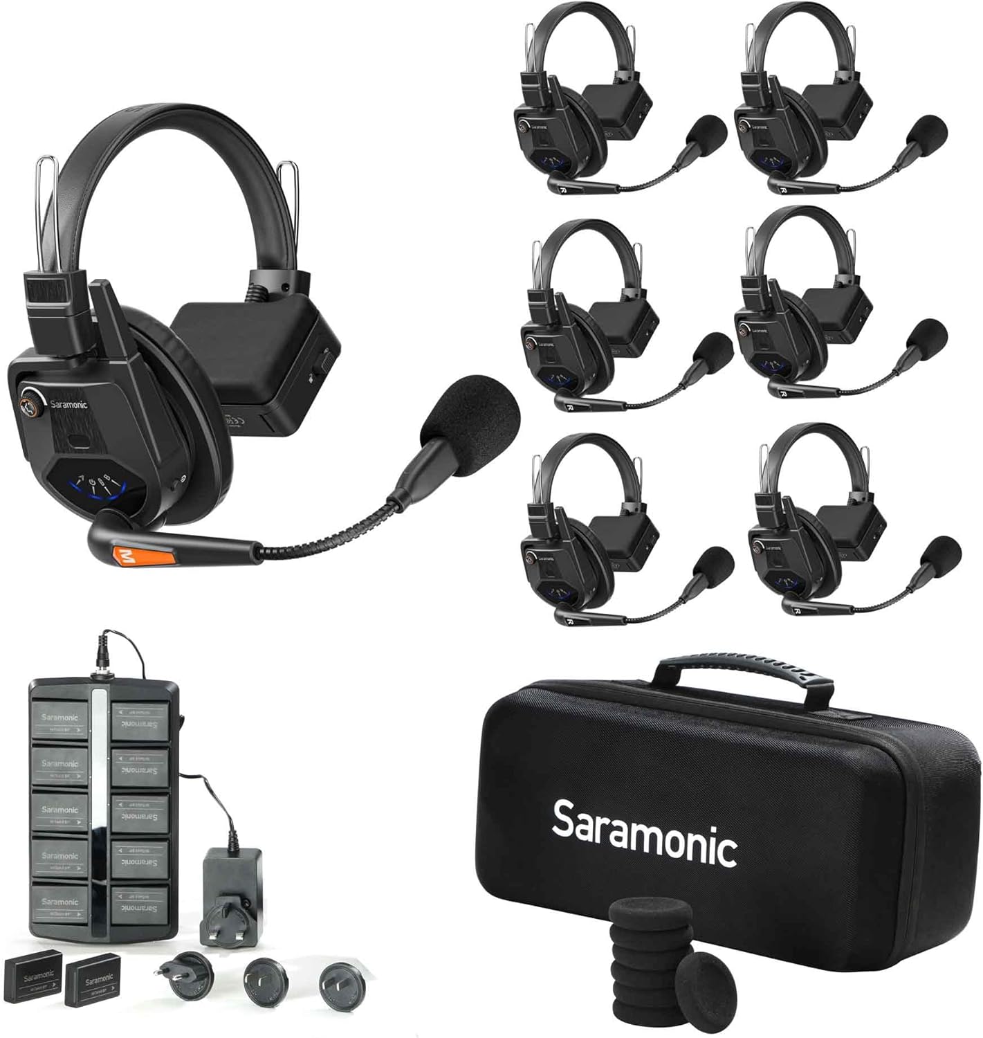 Saramonic WiTalk9-6S 6-Person 1.9GHz Full-Duplex Wireless Intercom System with 500m Range, expandable to 30 Users, 12 Batteries, 10-Bay Charger & case