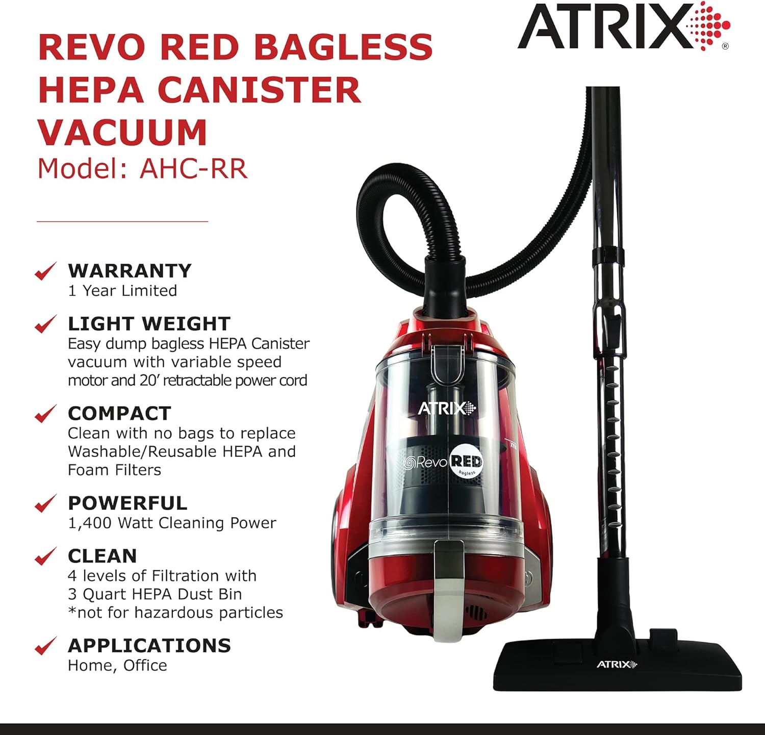 Atrix AHC-RR Revo Red Canister Vacuum Bagless