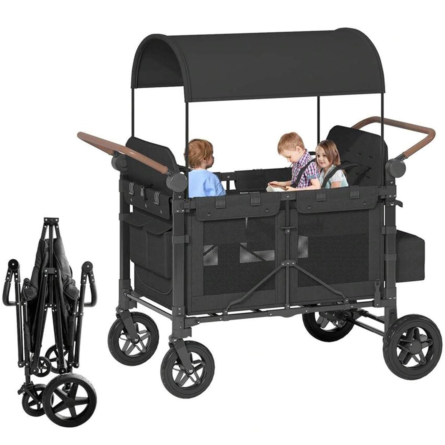 Folding Wagon Stroller for 4 Kids, Outdoor All-Terrain Baby Stroller Wagon for Toddler with Removable Canopy, 5-Point Safety Harness, Shock-Absorbing Wheel & Adjustable Handle, Parent Organizer