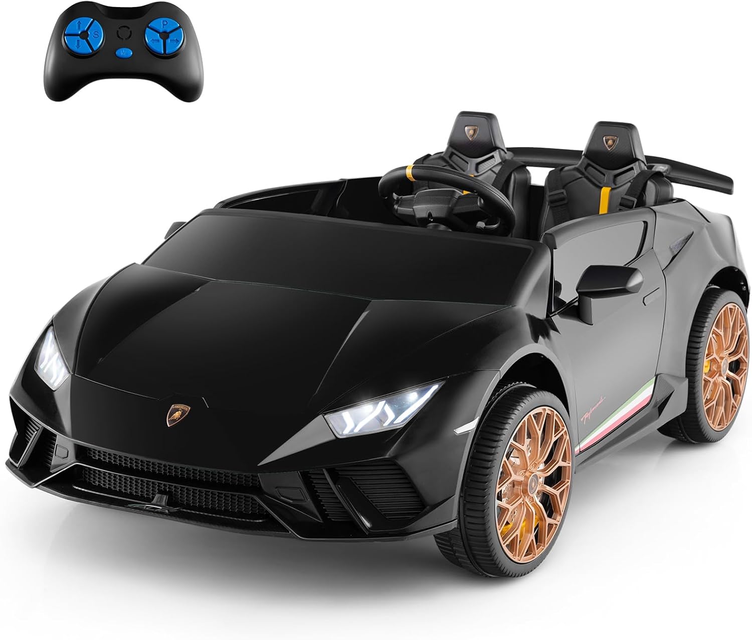 Costzon Licensed Lamborghini Ride on Car, 24V 4WD 2-Seater Battery Powered Kids’ Electric Vehicles w/Remote Control, LED Lights & Music, Kids Car Toy for Boys & Girls Aged 3-8 (Black-S311)