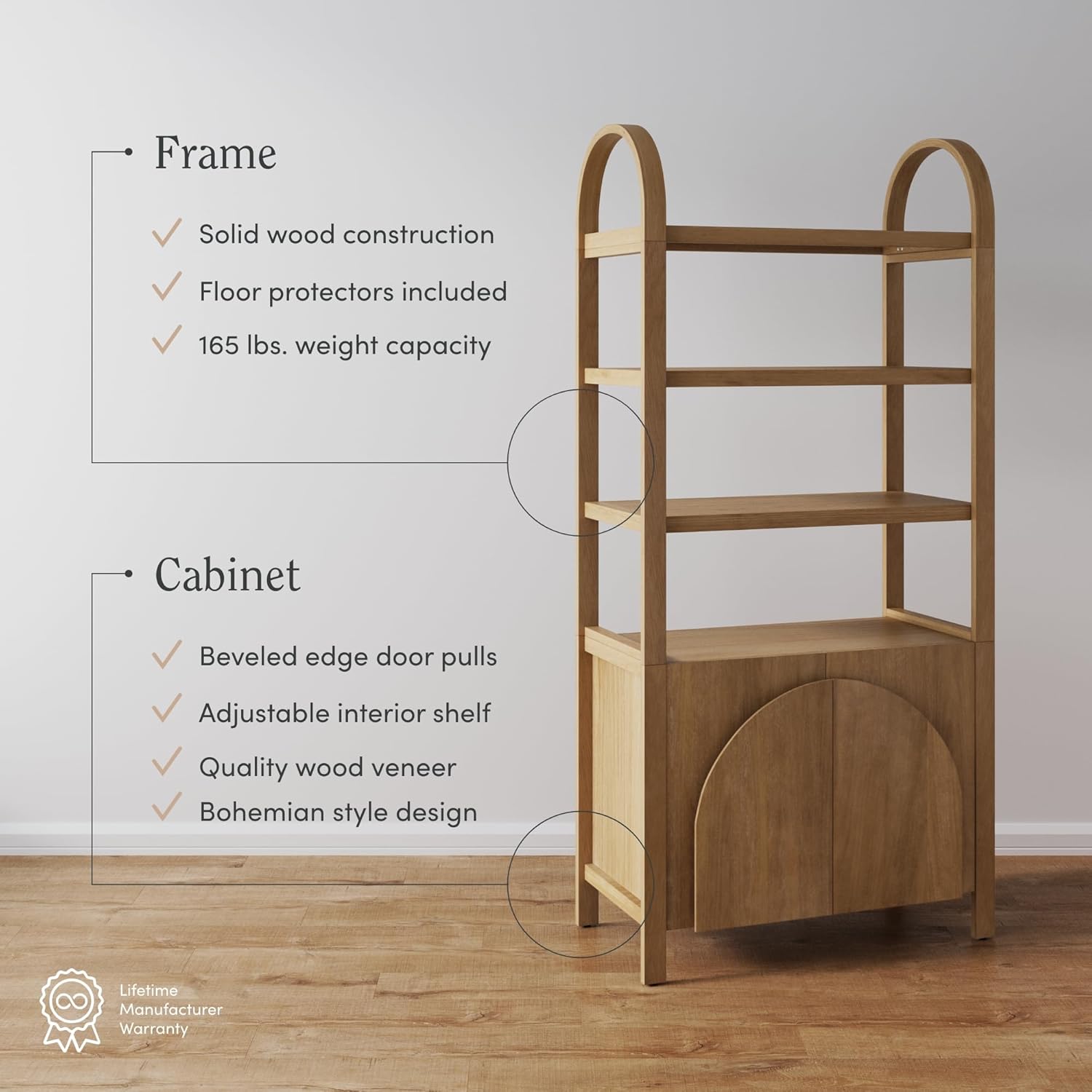 Nathan James Iris 3 Tier Bookshelf, Arched Bookcase Cabinet, Solid Wood Bookcase with Cabinet Base, Boho Bookshelf in Unbrushed Light Brown Finish, Set of 3