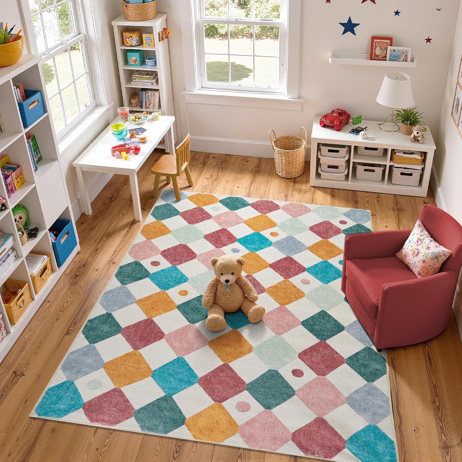 jinchan Macy Area Rug 6x9 Kids Washable Rug Indoor Floor Cover Non-Slip Modern Soft Rug Elementary School Classroom Diamond Carpet for Nursery Playroom Daycare Living Room Bedroom Confetti on Cream