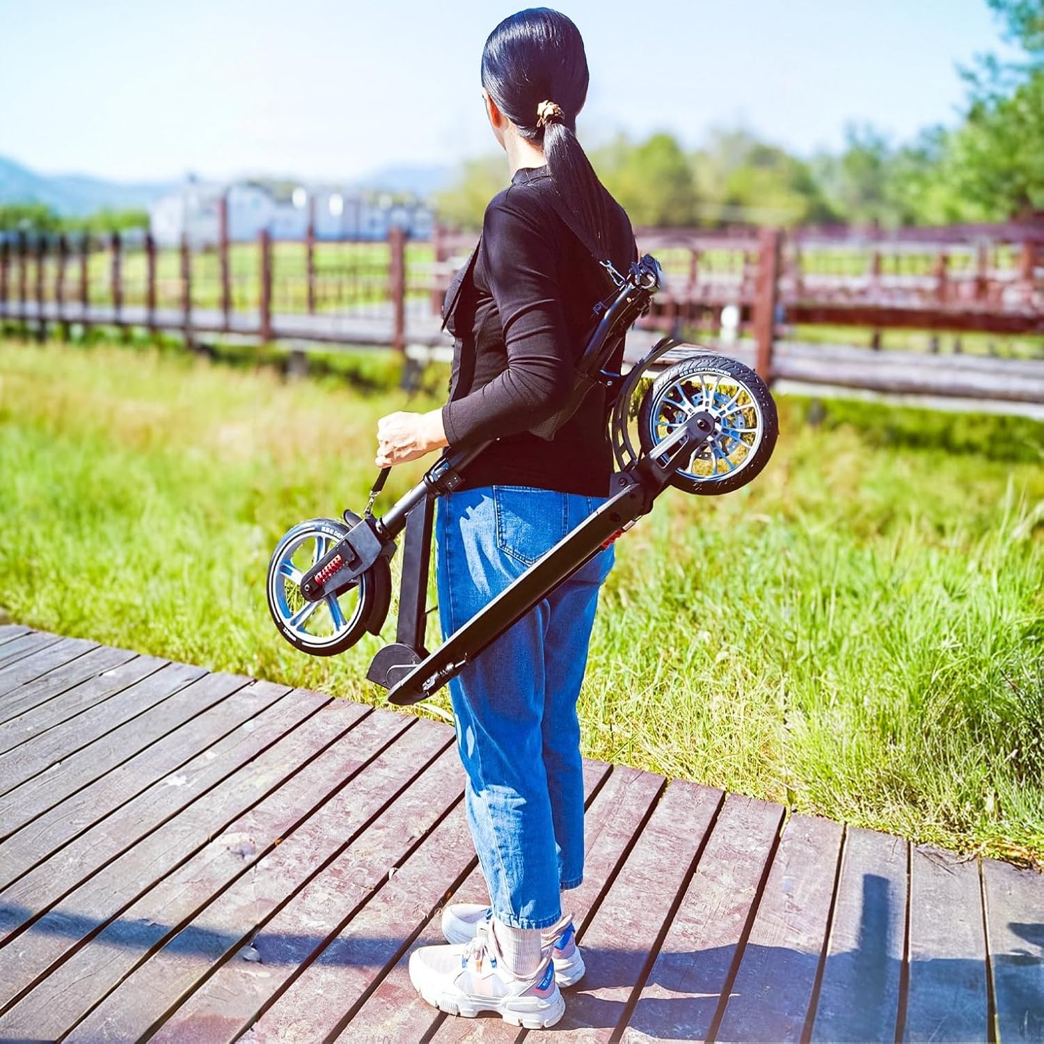 Big Wheels Kick Scooter, Folding Scooter for Ages 6, Lightweight Foldable Design, Adjustable Handlebars, Shock Absorption (Black, L105xW14.5cm, H:86-113cm)