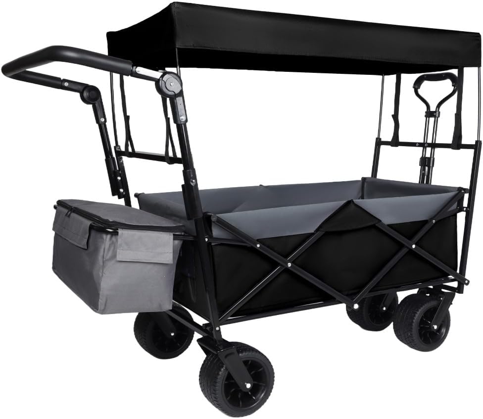 Heavy-Duty Foldable Wagon with All-Terrain Wheels, Push-Pull Handle, Removable Canopy, Large Capacity for Camping, Garden, Shopping & Outdoor Use (Black + Steel)