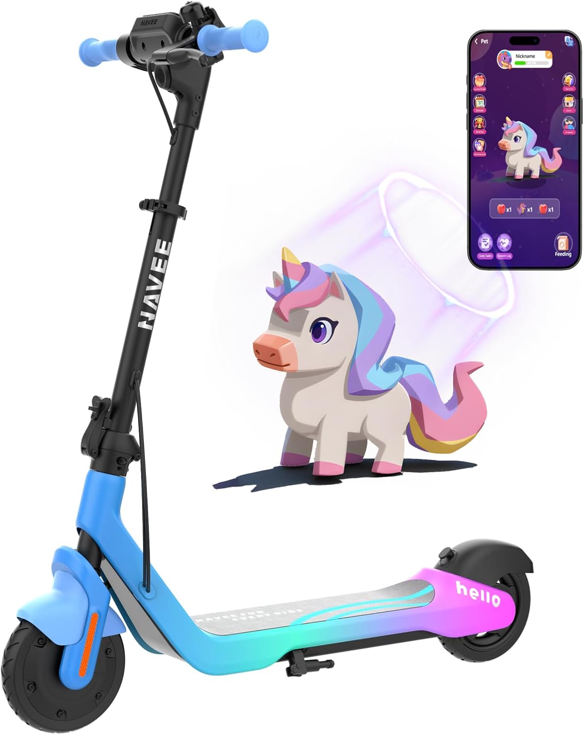 NAVEE K100 Series Electric Scooter for Kids 5-11, Adjustable Handlebar/Speed, Digital Pet, 12.4/9.9/7.5 mph, Safe Brake, Foldable, RGB Lights, Smart APP, Growing Adventurer Gift for Boys Girls, UL2272